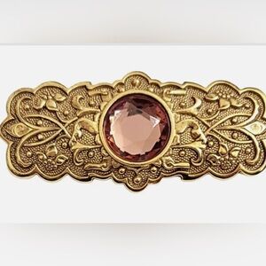 The Vatican Library Collection Gold Tone Pink Rhinestone Bar‎ Pin Brooch, Signed